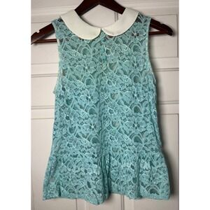 Vintage‎ Chloe K M Turquoise Lace Tank Blouse Ivory Peter Pan Collar Peplum Hem